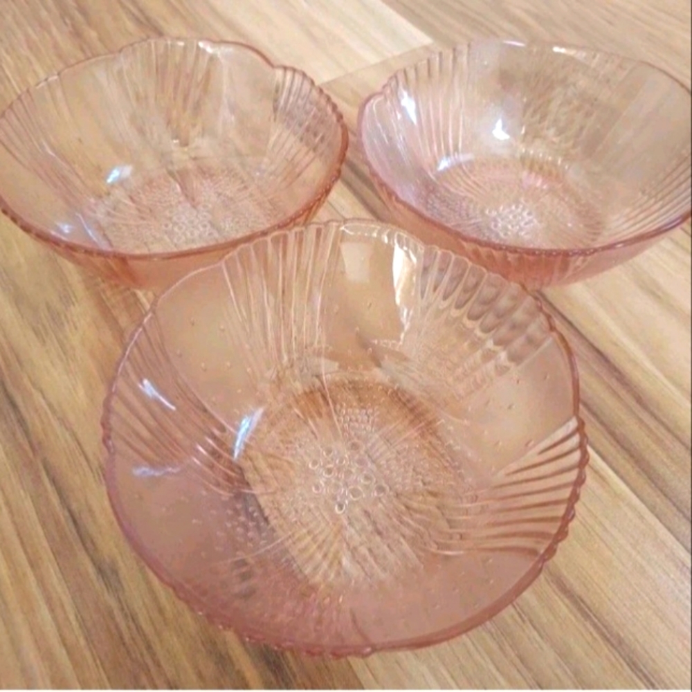 Libbey Vintage Harmony Pink 3 Fruit Dessert Bowls Textured Ribbed Bubbles